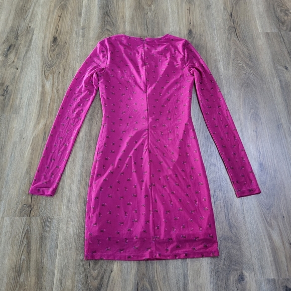 FOREVER 21 Floral Pink Mesh Net Mini Bodycon Dress Size S Y2K Disco Long Sleeve - Picture 8 of 9